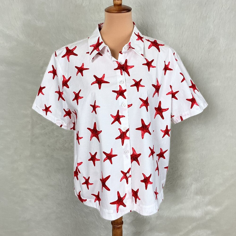Chico's Poplin White Red Starfish Collared Button Front Shirt NWT 3 US 16